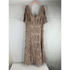 Women’s Alex Evenings Soutache Lace V Neck Long Formal Dress Size 14 Gold EUC